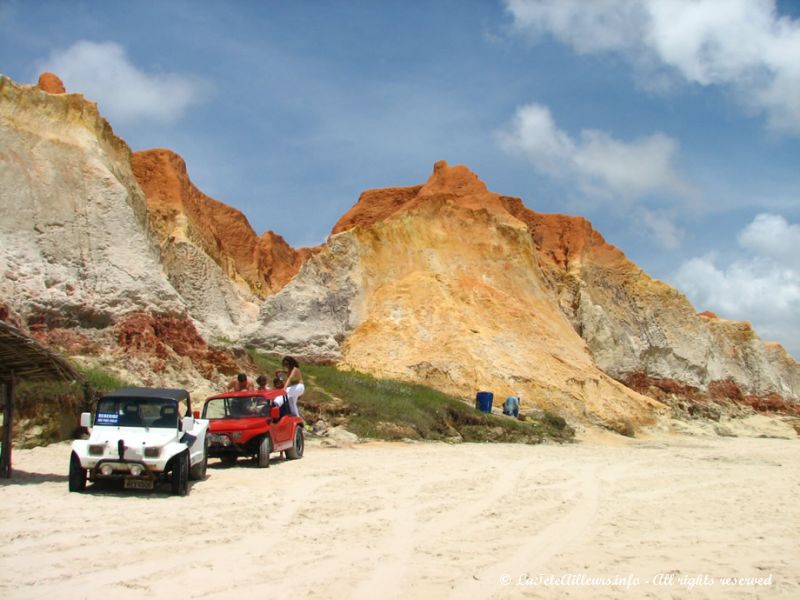 Nos buggys devant les falaises colorées de Morro Branco