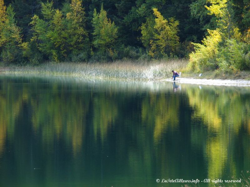 Un pecheur au bord d'un joli lac vert