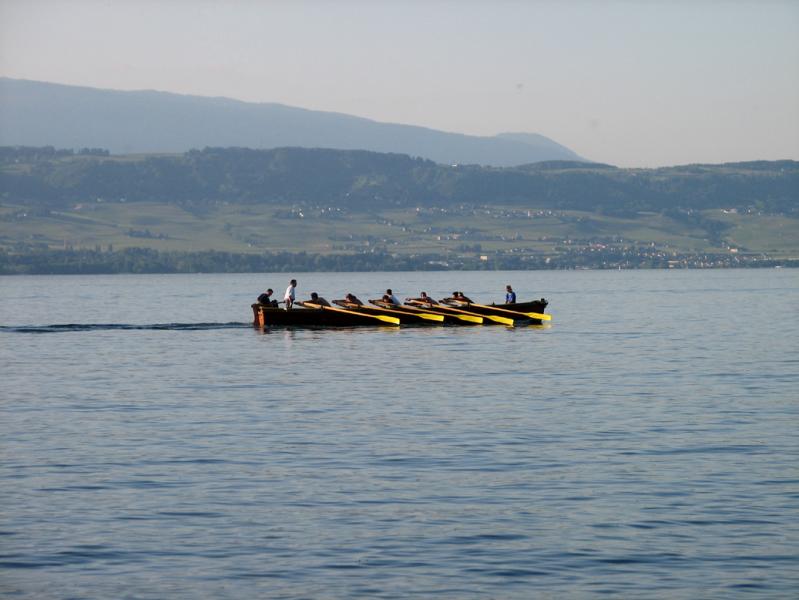 Derrière les barreurs, la rive suisse du lac Léman